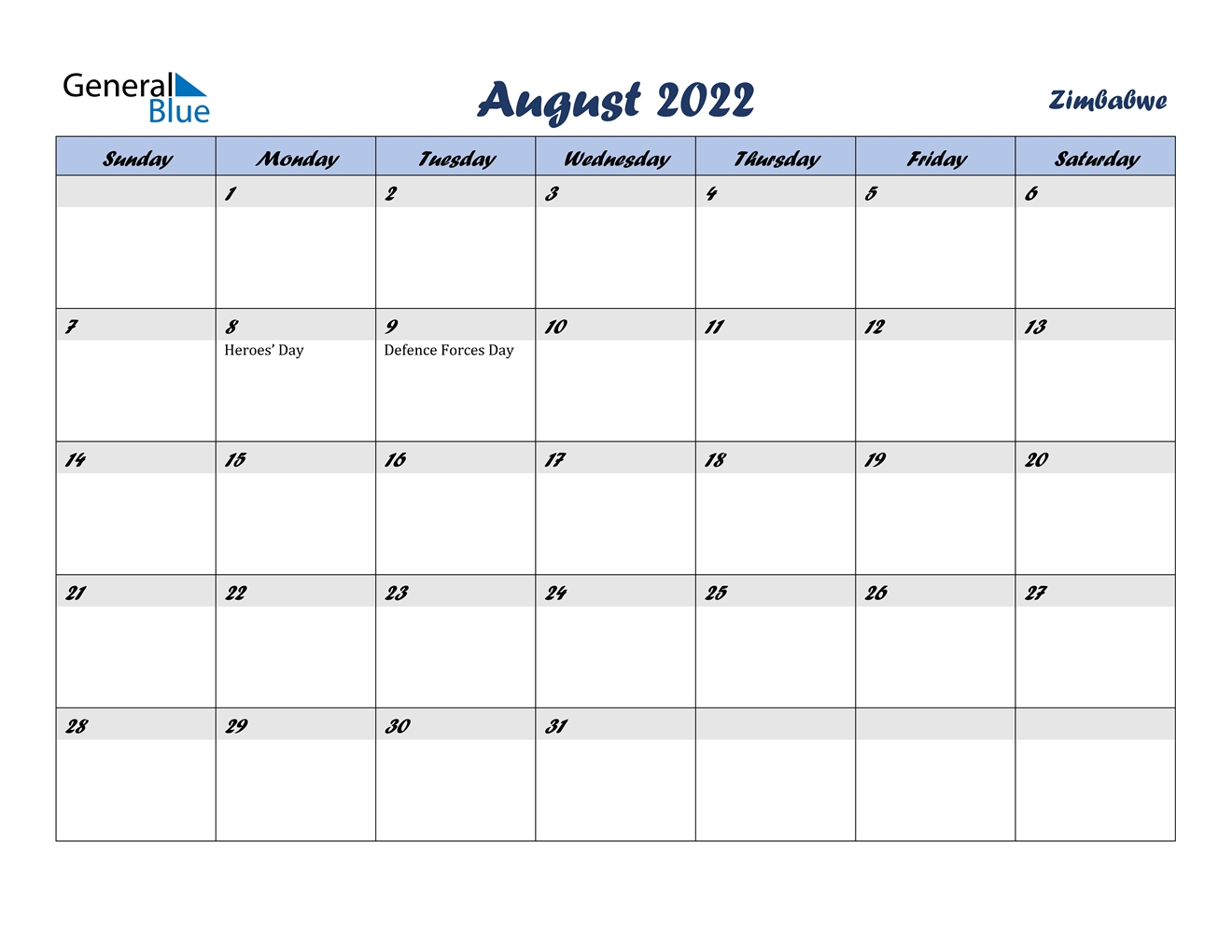 August 2022 Calendar - Zimbabwe