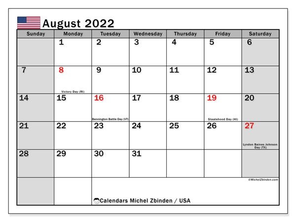 August 2022 Calendars &quot;Public Holidays&quot; - Michel Zbinden En