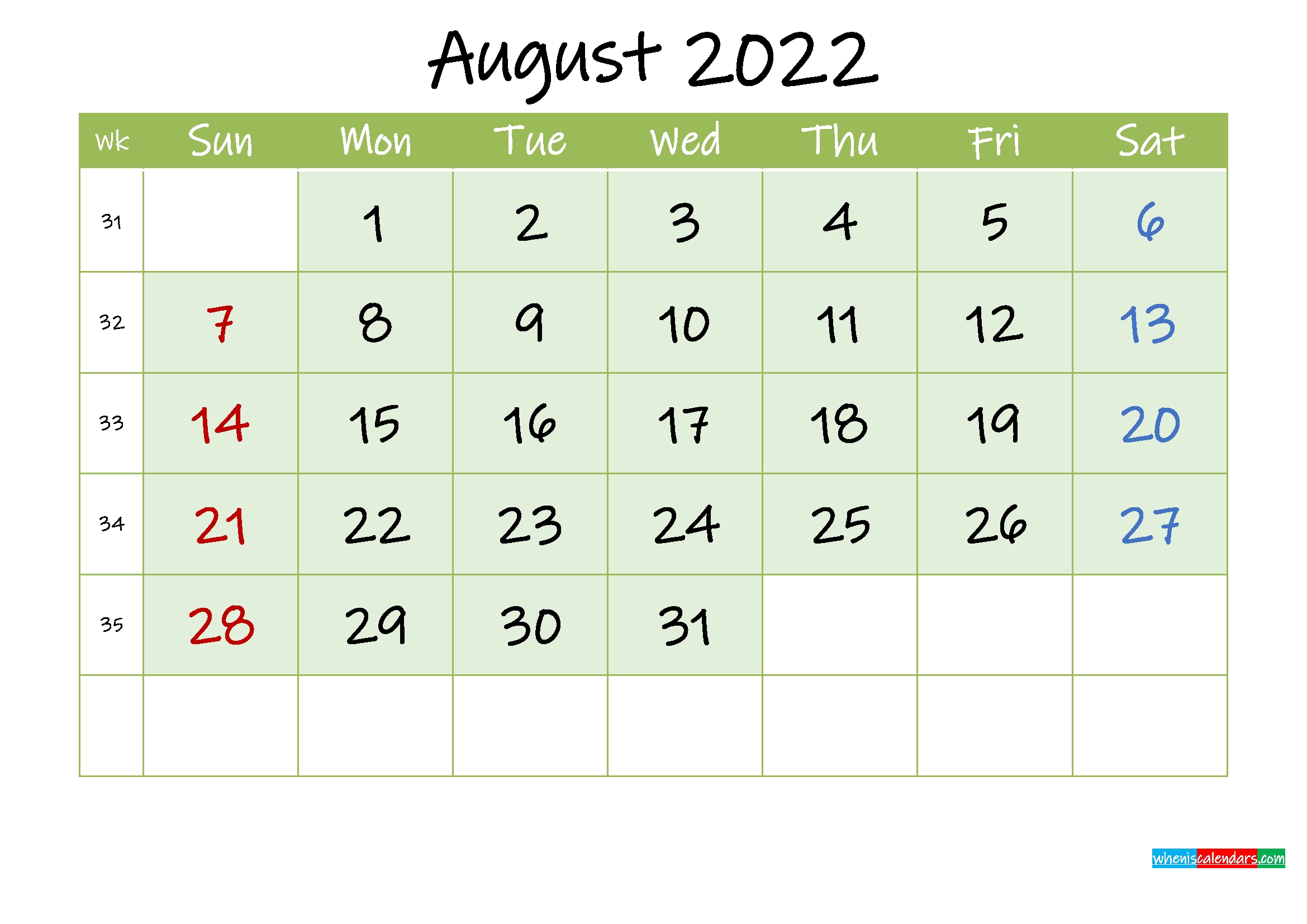 August 2022 Free Printable Calendar - Template Ink22M128