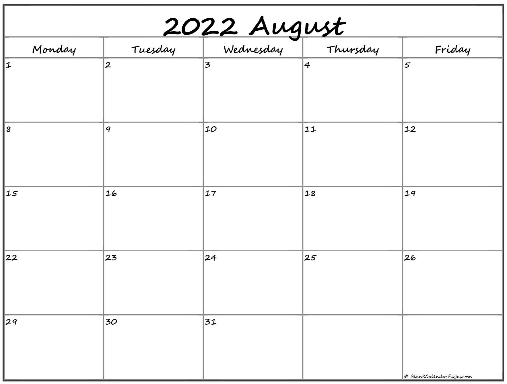 August 2022 Monday Calendar | Monday To Sunday