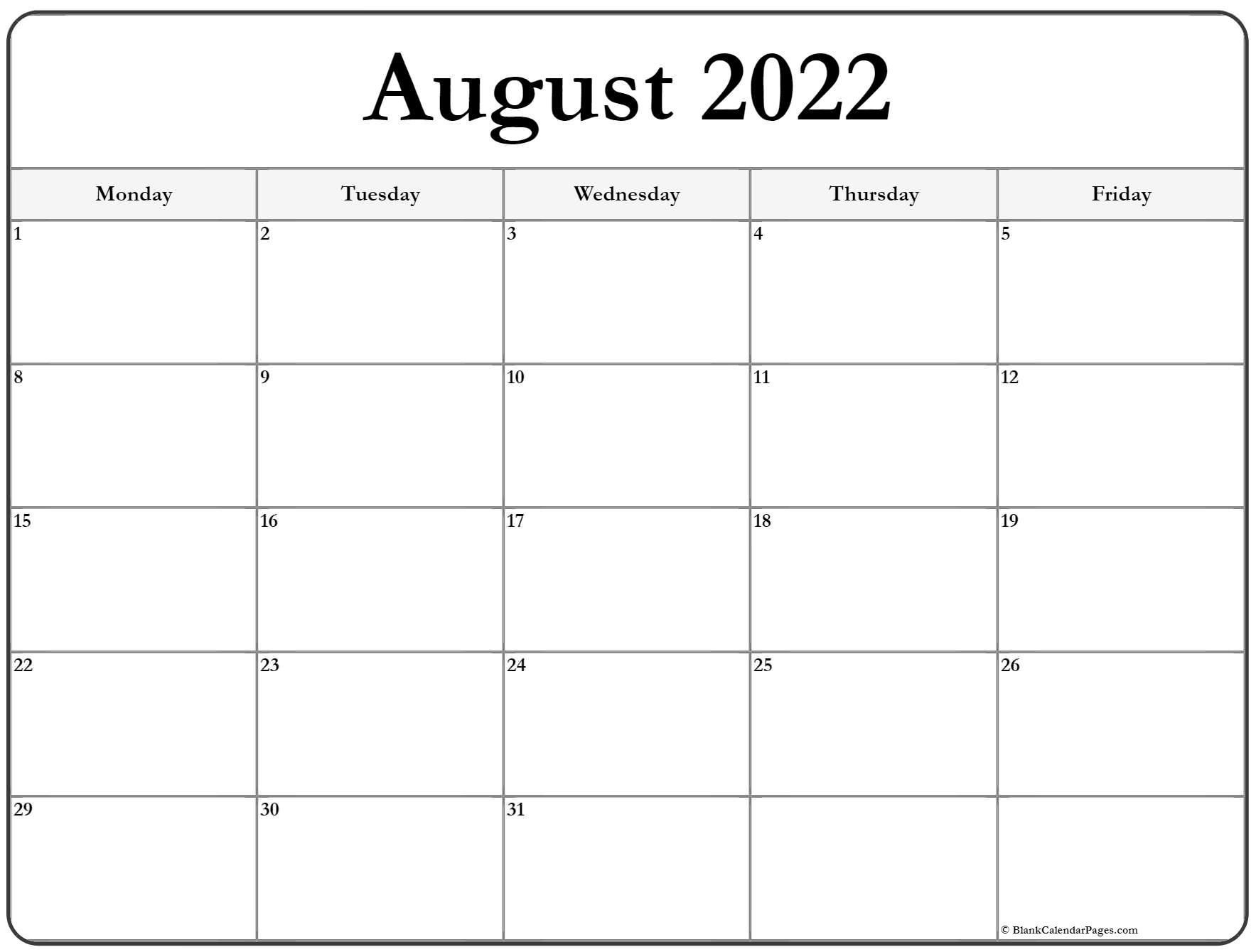 August 2022 Monday Calendar | Monday To Sunday