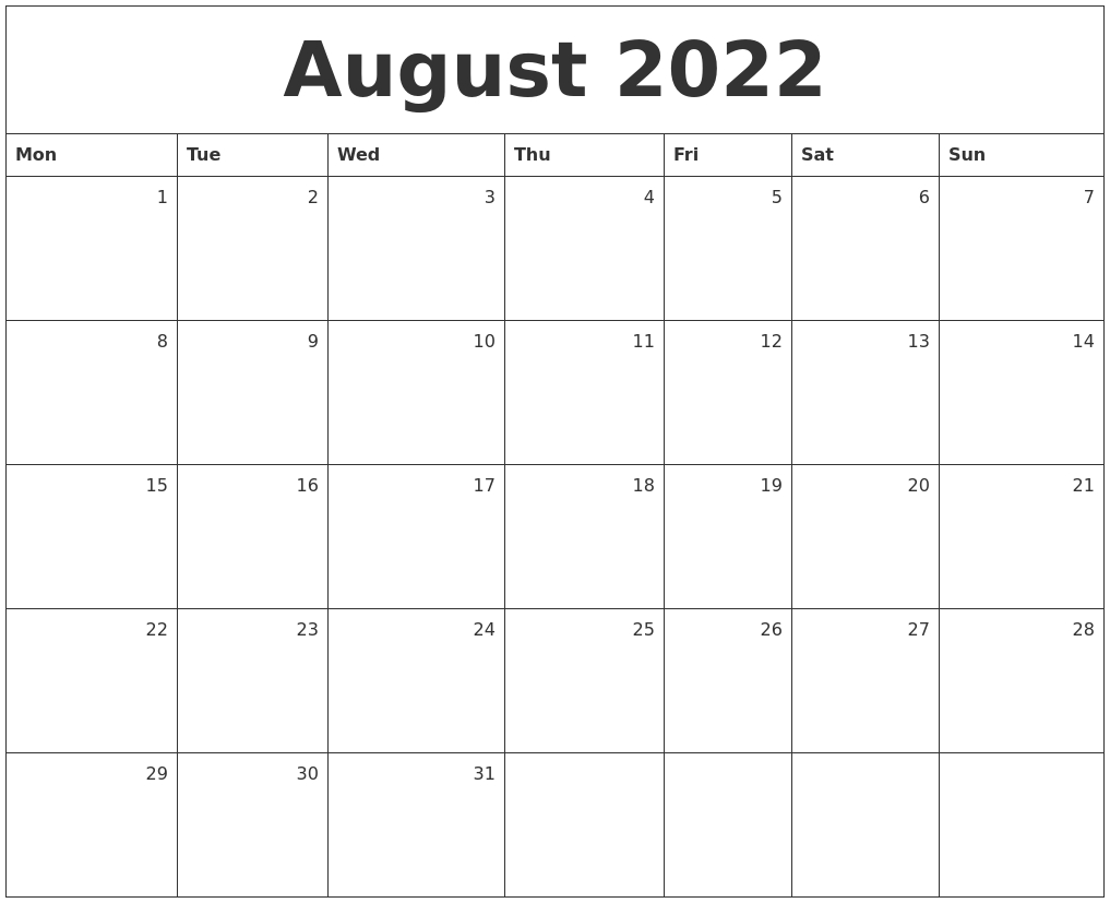 August 2022 Monthly Calendar