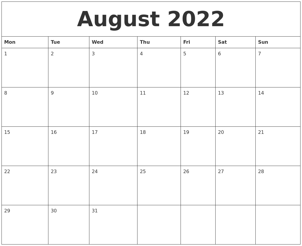 August 2022 Online Printable Calendar