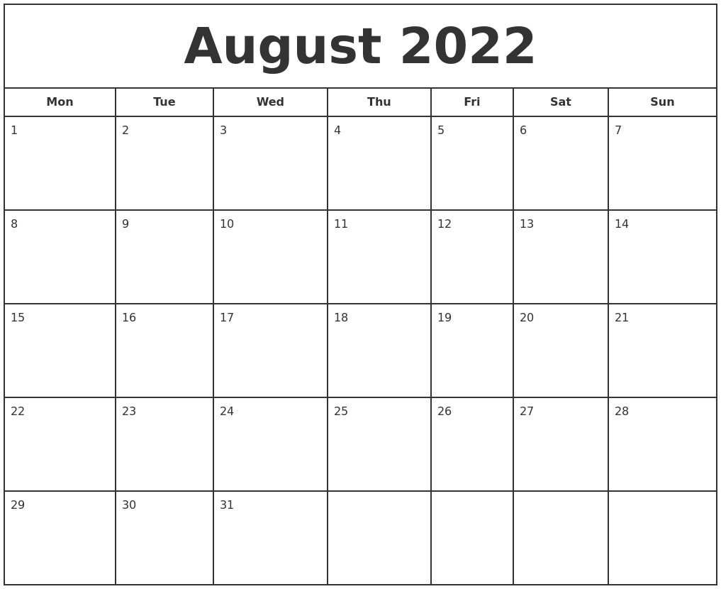 August 2022 Print Free Calendar