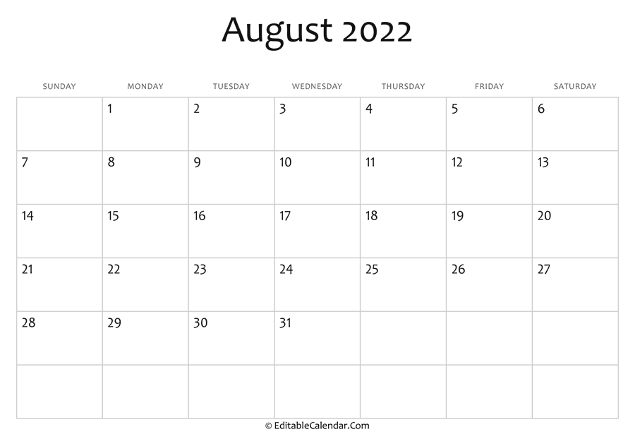 August 2022 Printable Calendar With Holidays