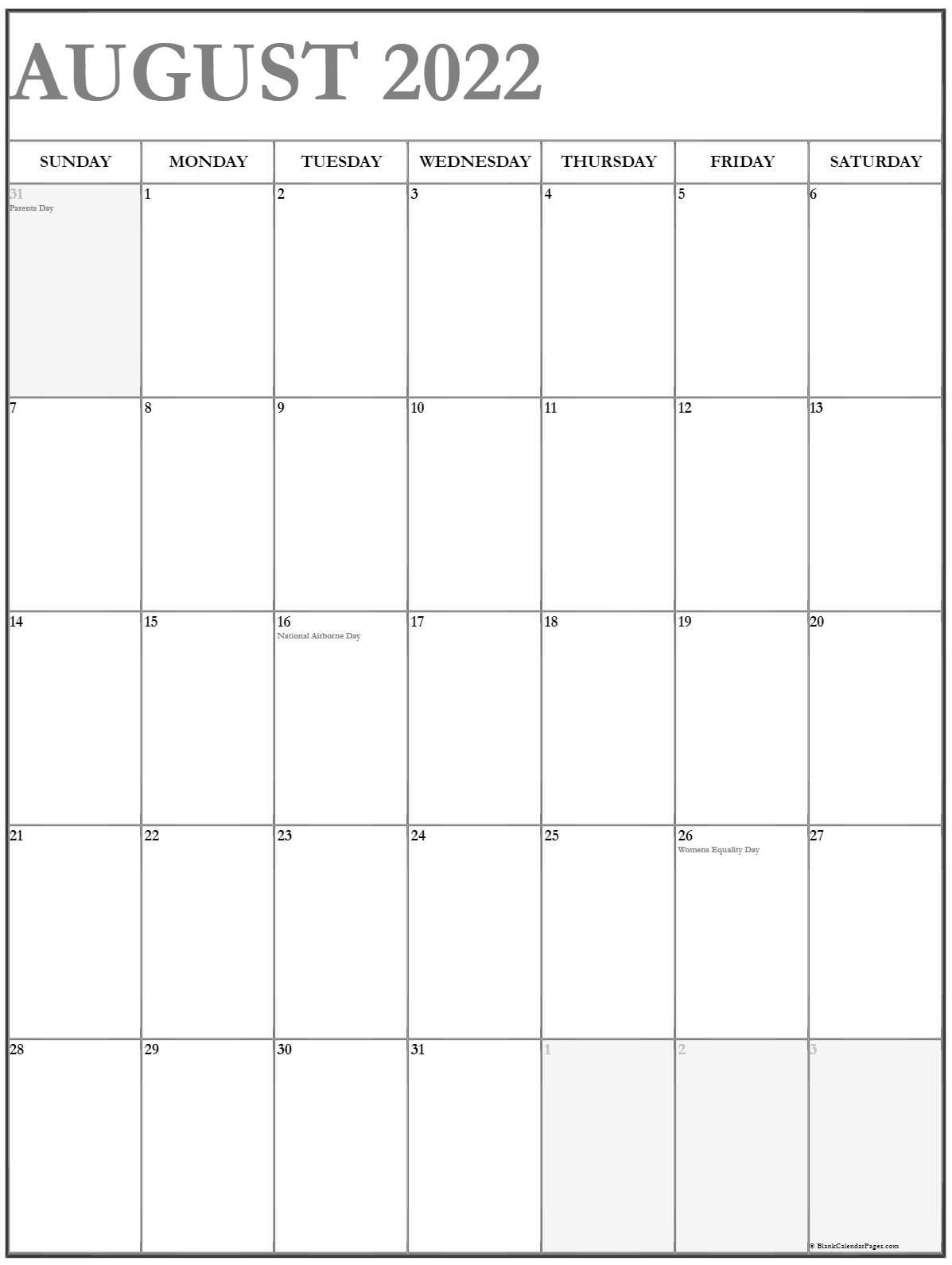 August 2022 Vertical Calendar | Portrait