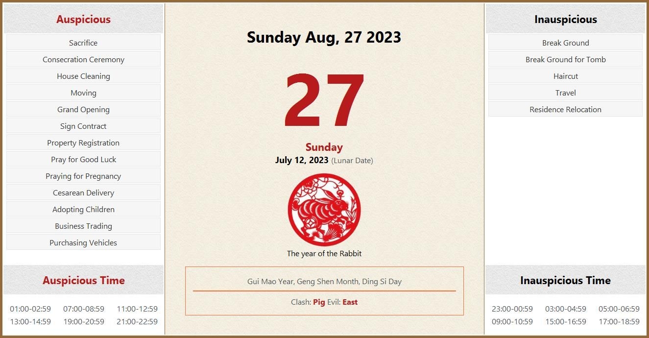 August 27, 2023 Almanac Calendar: Auspicious/Inauspicious