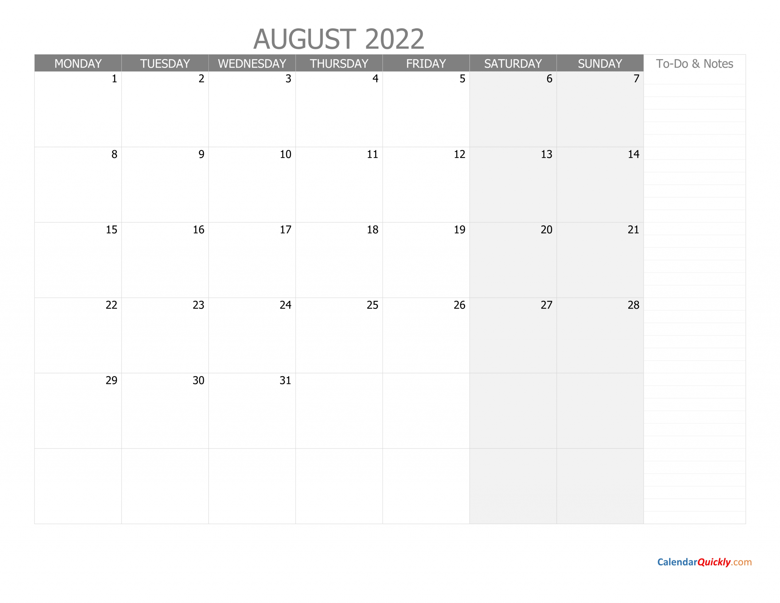 August Monday Calendar 2022 With Notes | Calendar Quickly