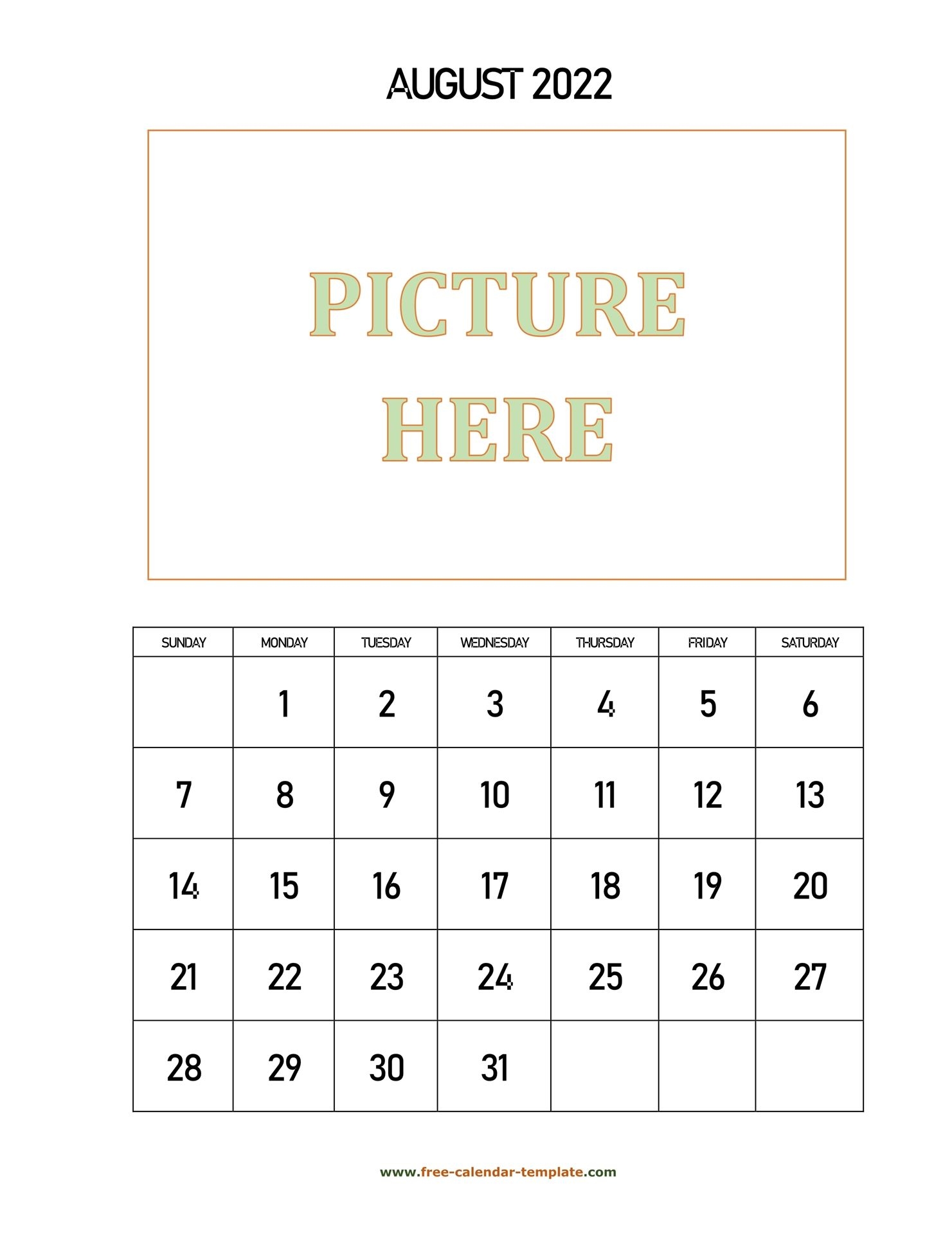 August Printable 2022 Calendar, Space For Add Picture