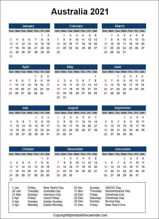 Australia Calendar 2021 | Printable The Calendar