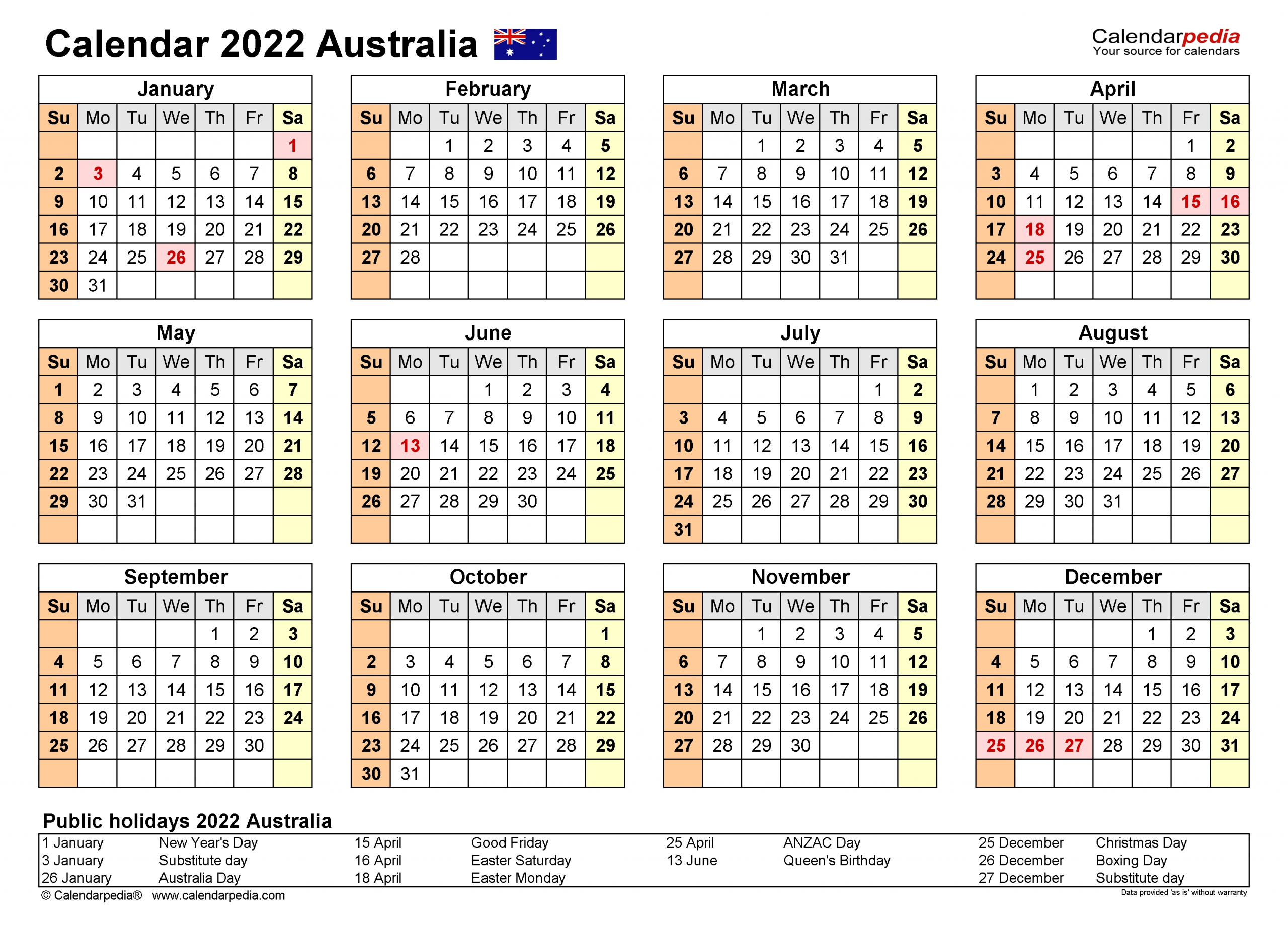 Australia Calendar 2022 - Free Printable Excel Templates