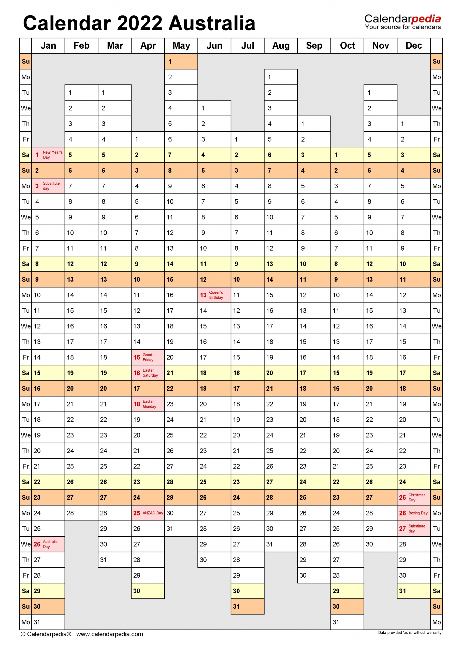 Australia Calendar 2022 - Free Printable Pdf Templates