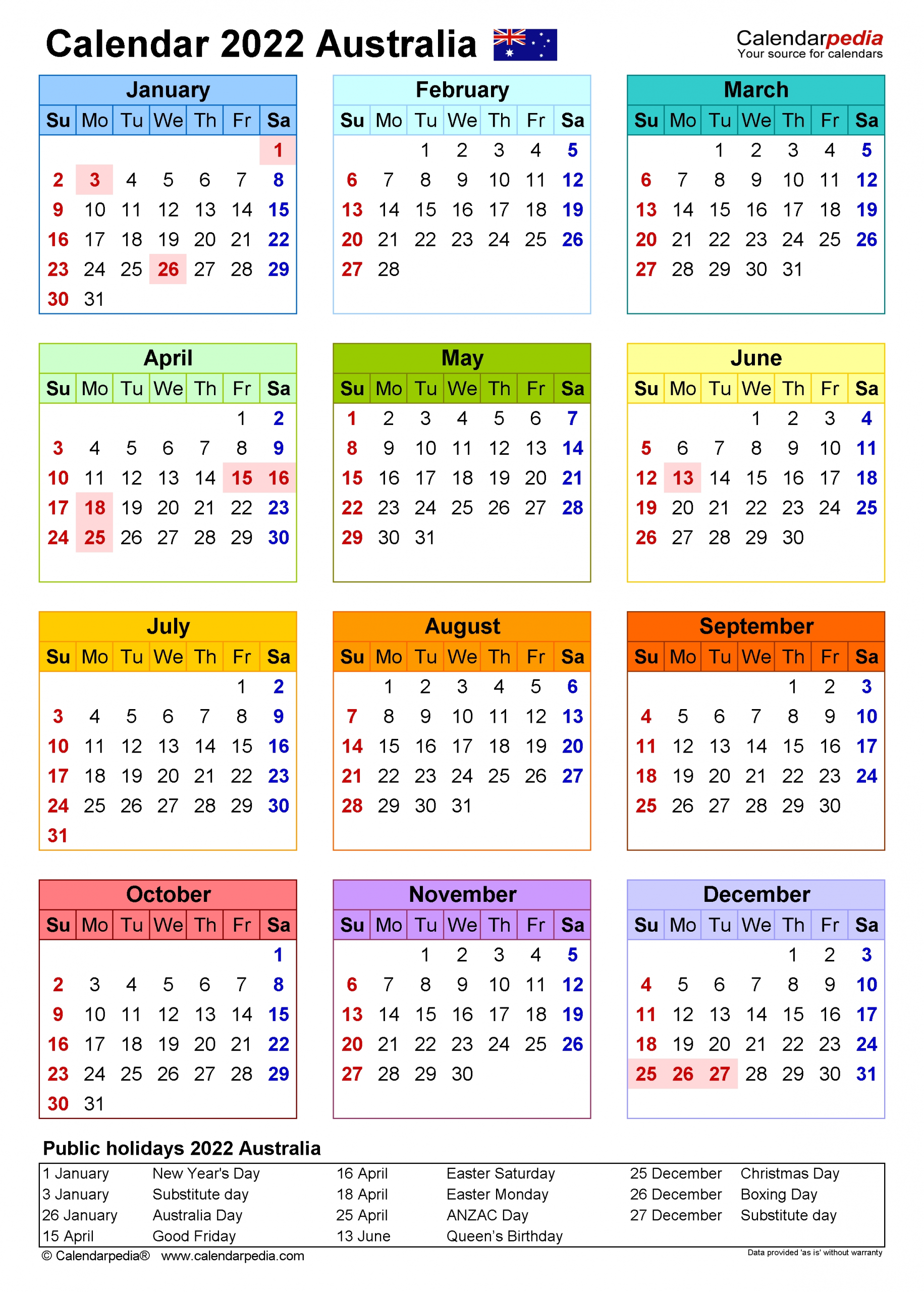 Australia Calendar 2022 - Free Printable Word Templates