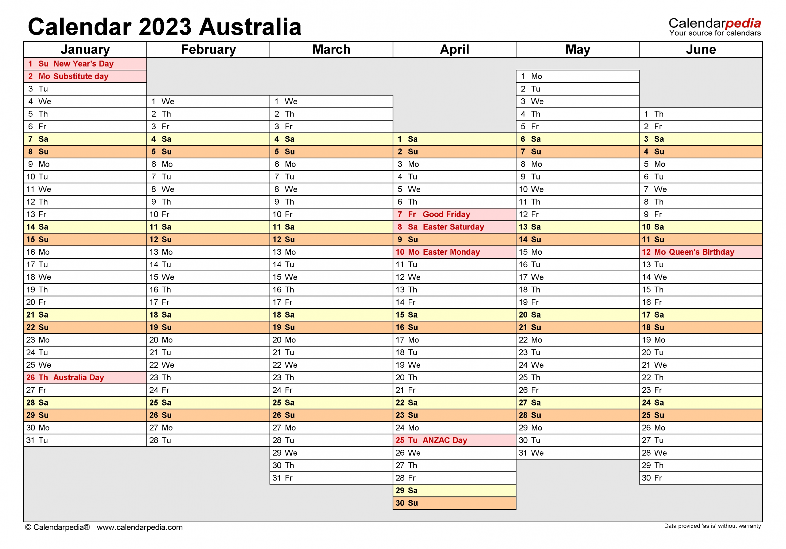 Australia Calendar 2023 - Free Printable Word Templates