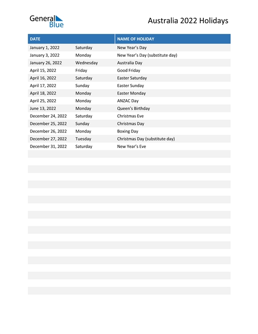 Australia Holidays 2022 In Pdf, Word And Excel