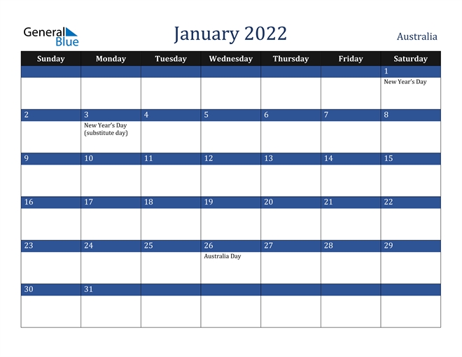 Australia January 2022 Calendar With Holidays