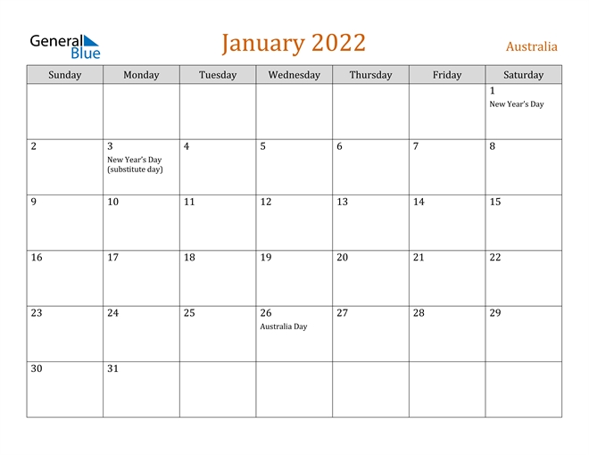 Australia January 2022 Calendar With Holidays