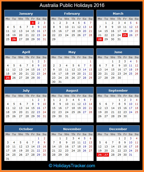 Australia Public Holidays 2016 - Holidays Tracker
