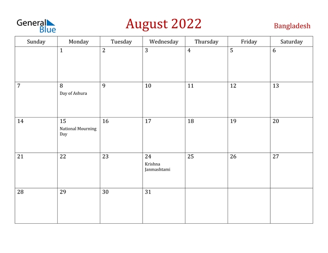 Bangladesh August 2022 Calendar With Holidays