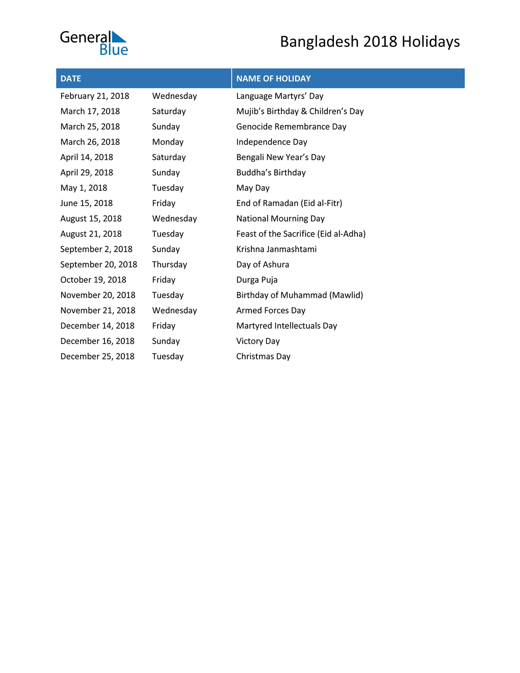 Bangladesh Holidays 2018 In Pdf, Word And Excel