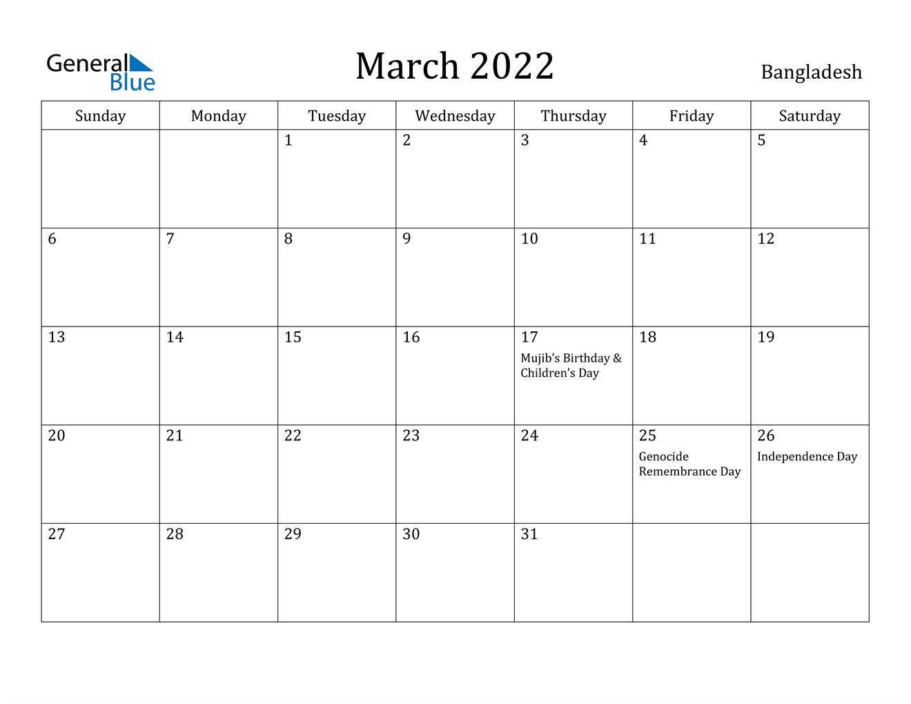 Bangladesh March 2022 Calendar With Holidays