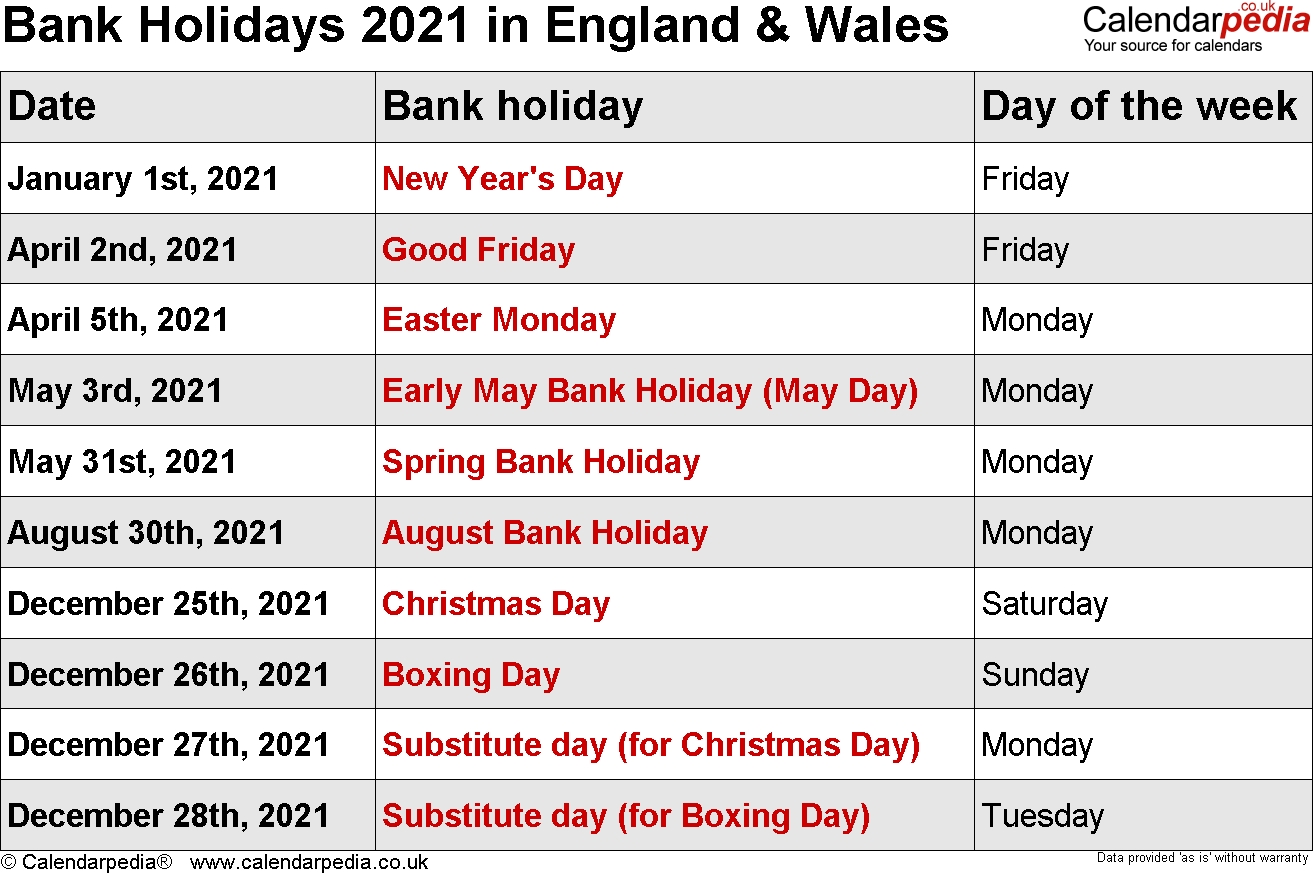 Bank Holidays 2021 In The Uk, With Printable Templates