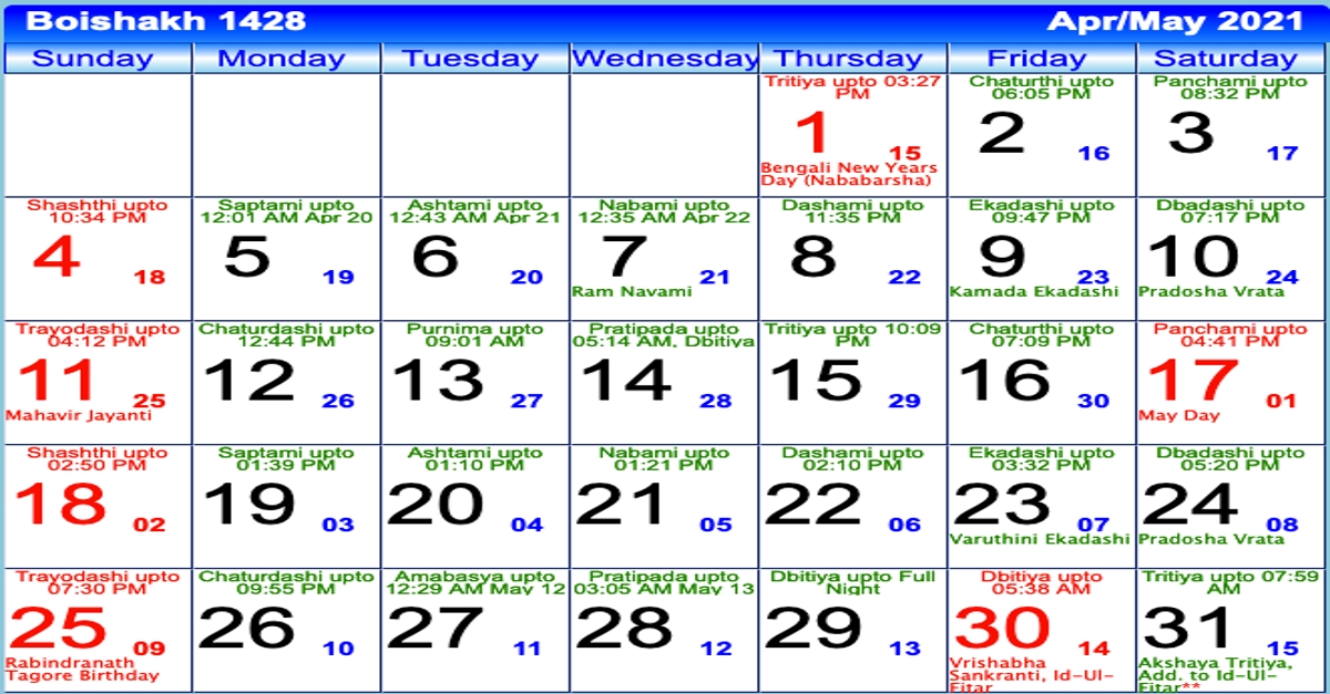 Bengali Festivals 2021 : 1428 Bengali Calendar Baisakh