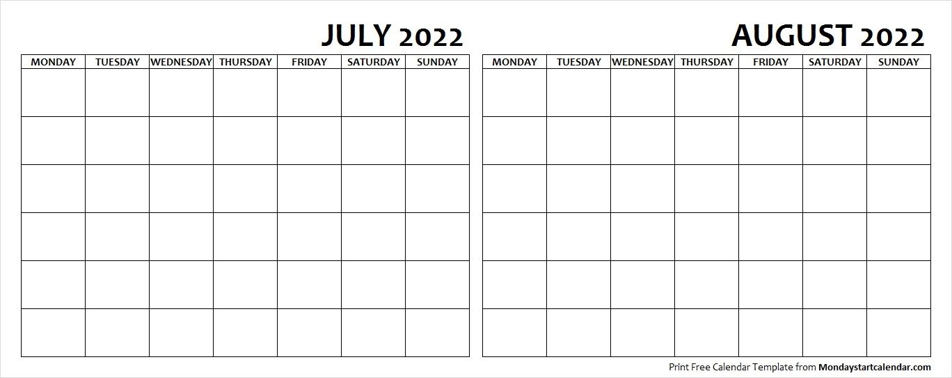 Blank July August 2022 Calendar Monday Start Template