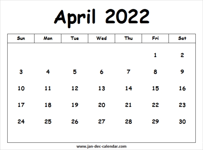 Blank Printable April Calendar 2022 Template Free