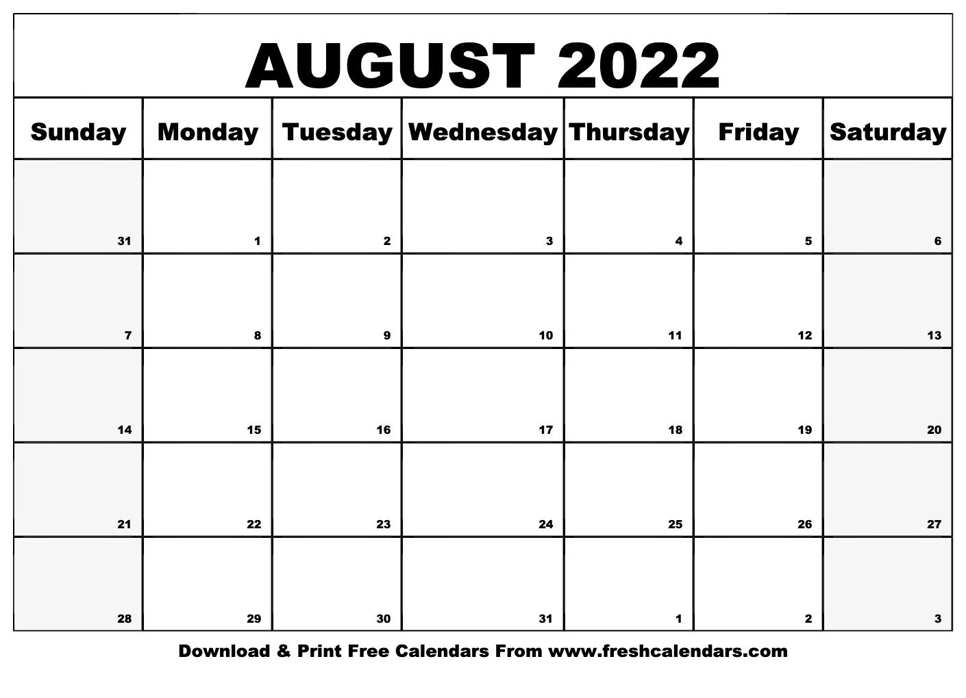 Blank Printable August 2022 Calendars