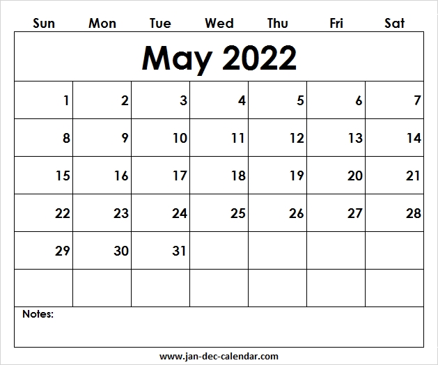 Blank Printable May Calendar 2022 Template Free