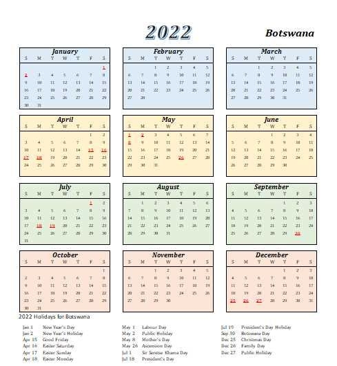 Botswana 2022 Calendar With Holidays