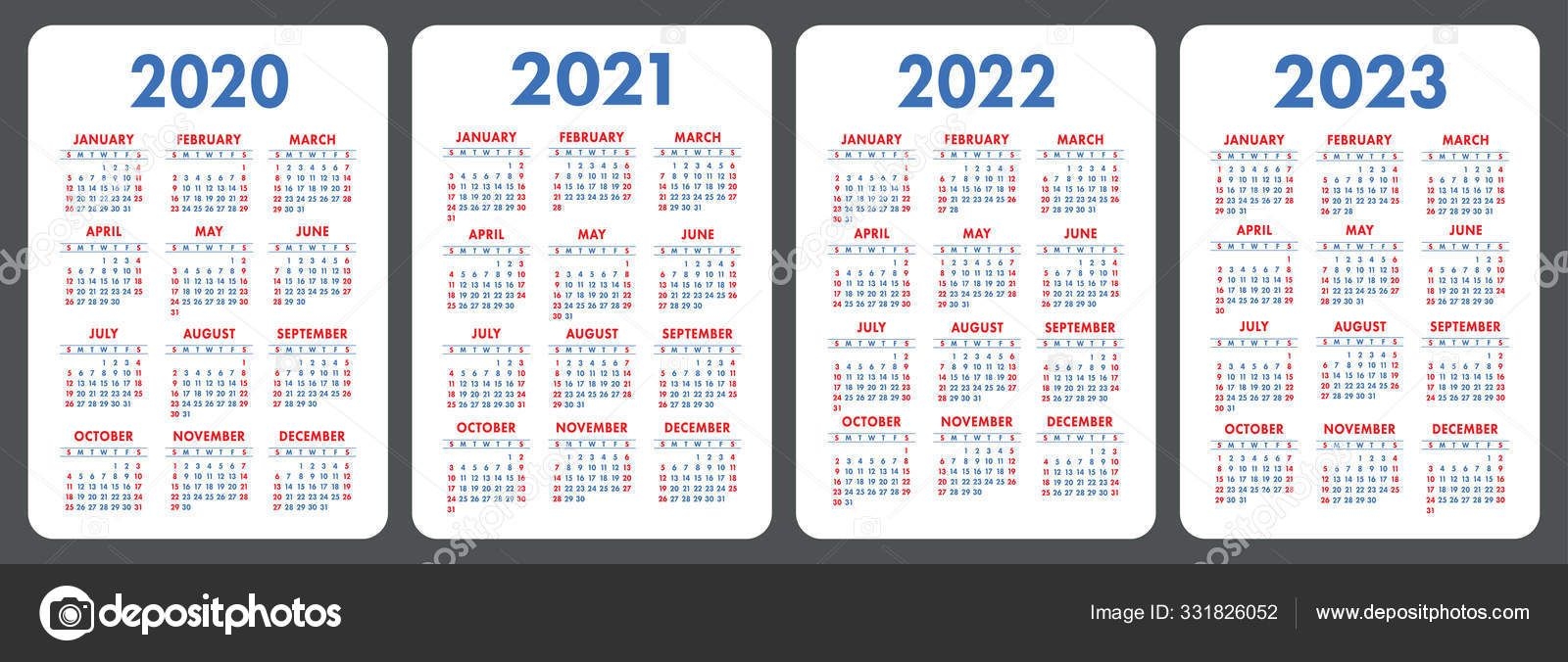 Calendar 2020 2021 2022 2023 English Color Vector Set