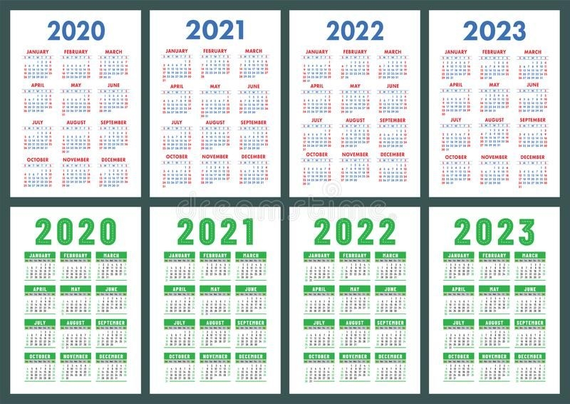 Calendar 2020, 2021, 2022 And 2023. English Color Set