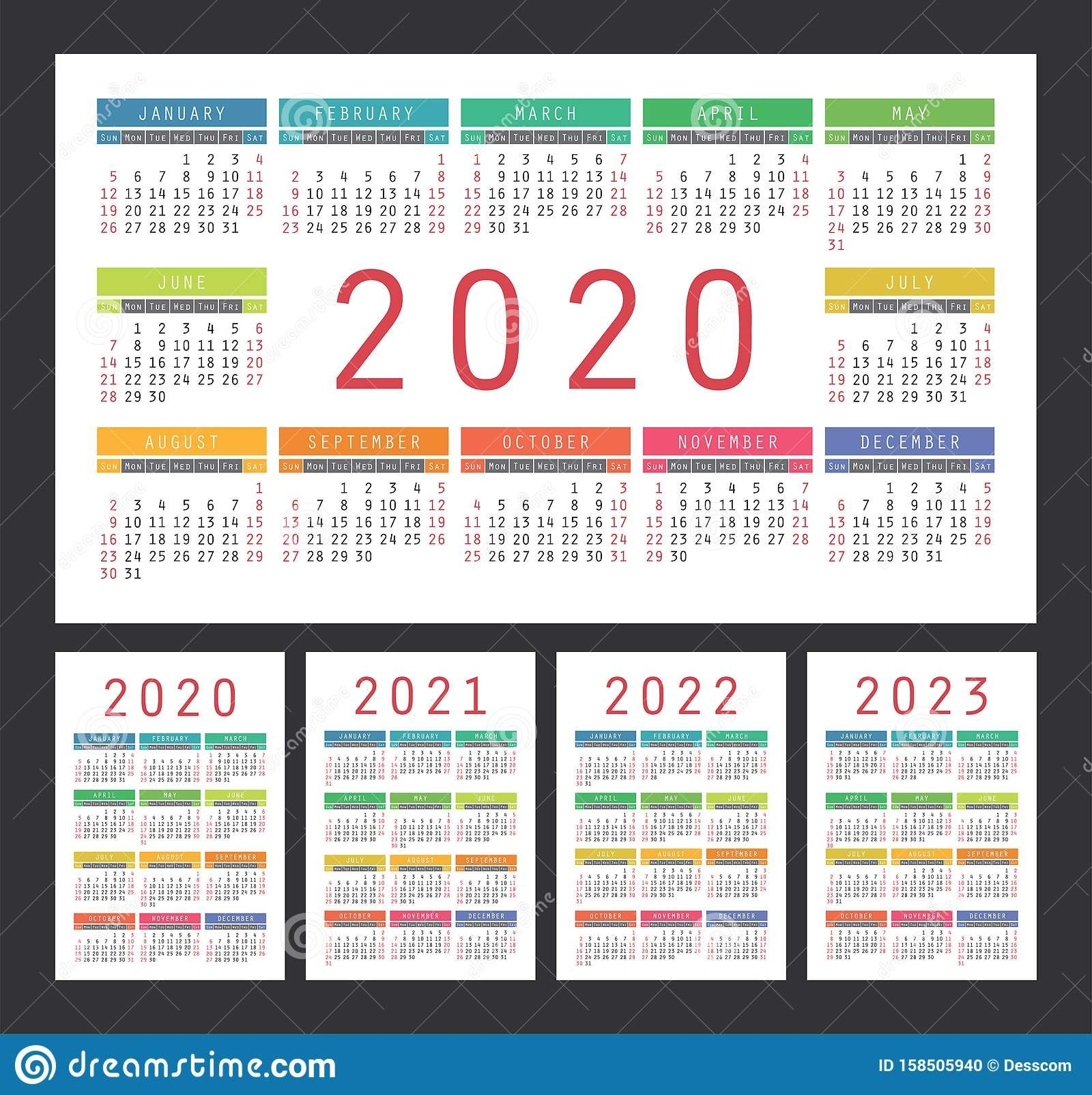 Calendar 2020, 2021, 2022 And 2023. English Color Vector