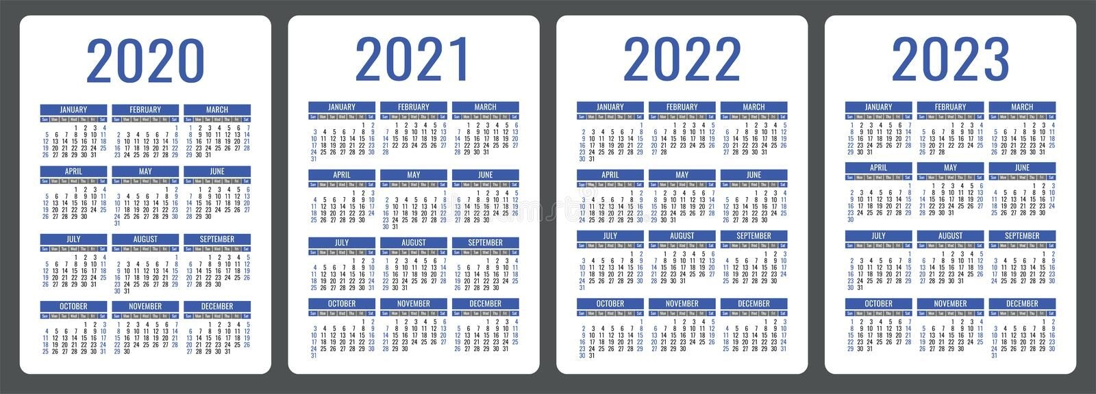 Calendar 2020, 2021, 2022 And 2023. English Color Vector