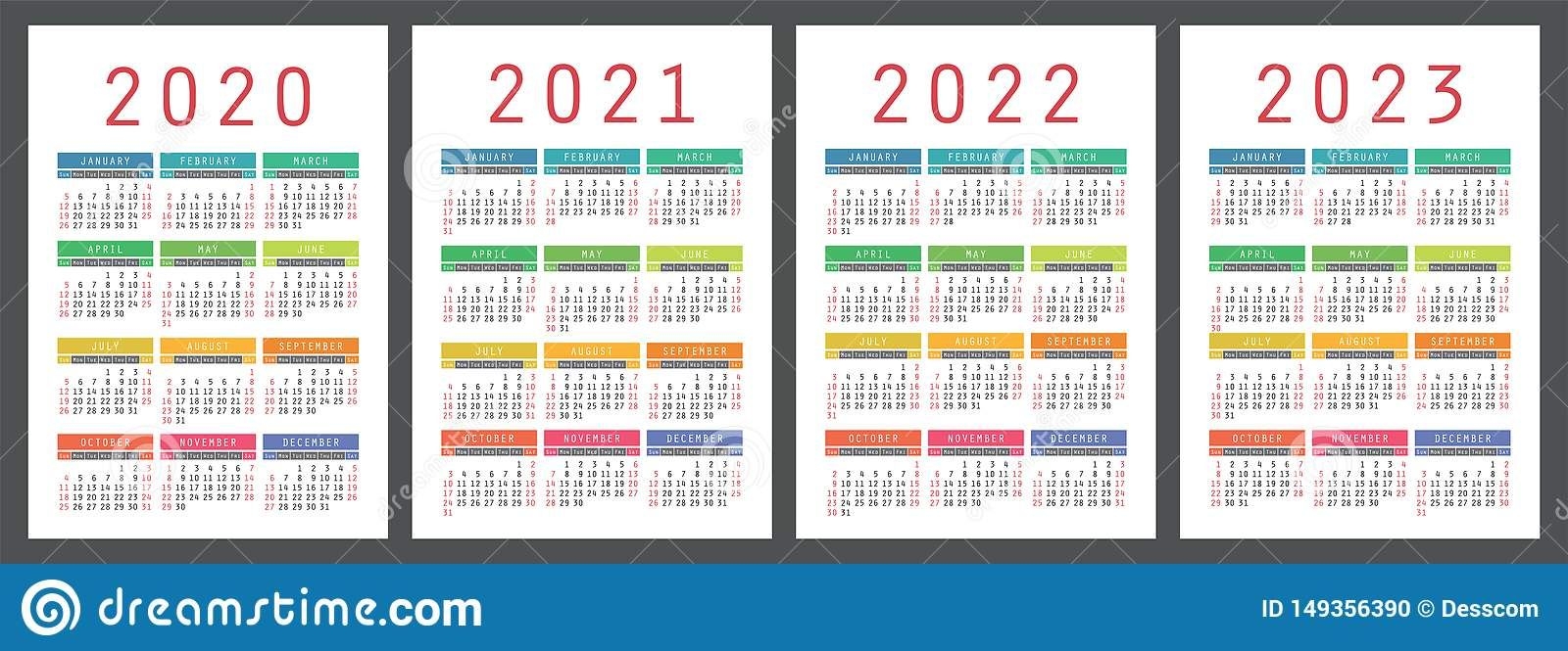 Calendar 2020, 2021, 2022 And 2023. English Color Vector