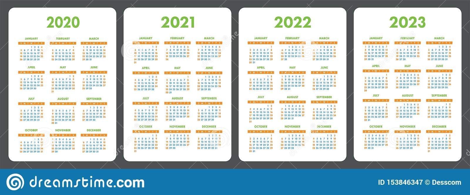 Calendar 2020, 2021, 2022 And 2023. English Color Vector