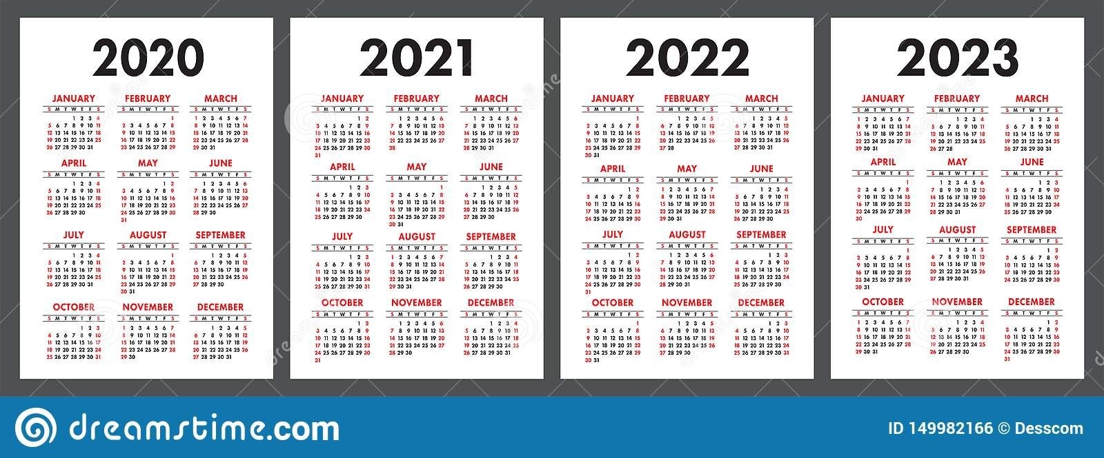 Calendar 2020, 2021, 2022 And 2023. English Color Vector