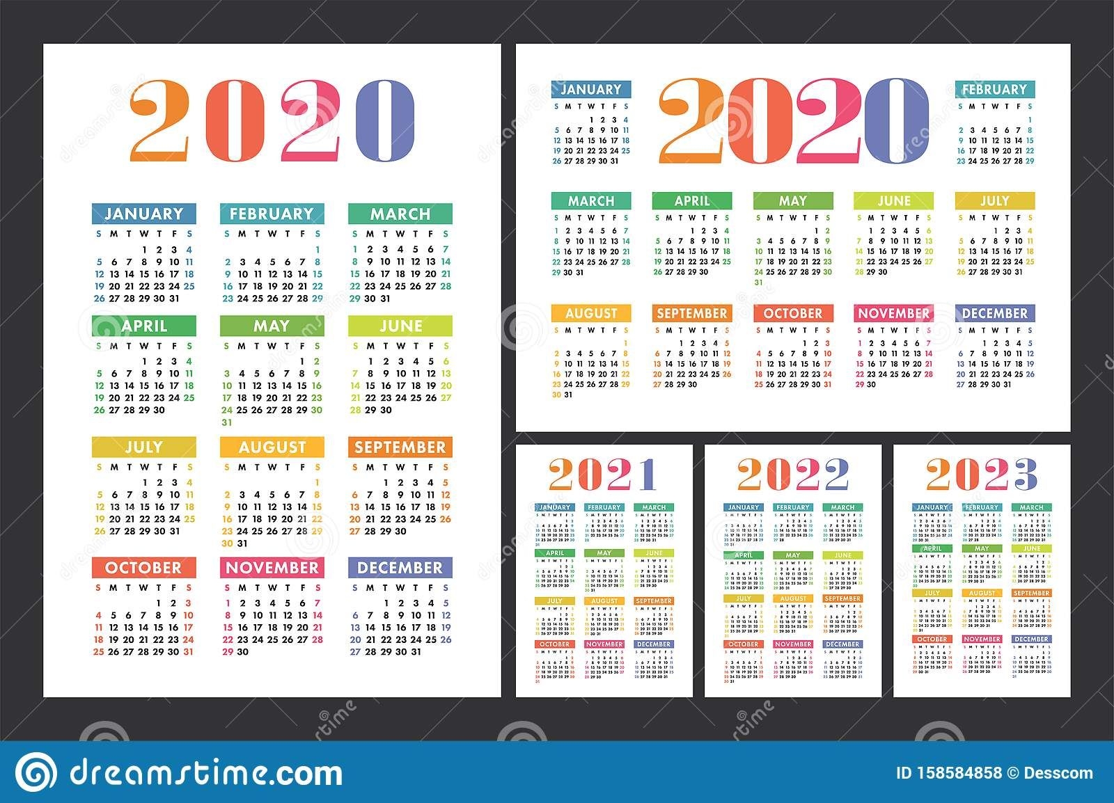 Calendar 2020, 2021, 2022 And 2023. English Color Vector