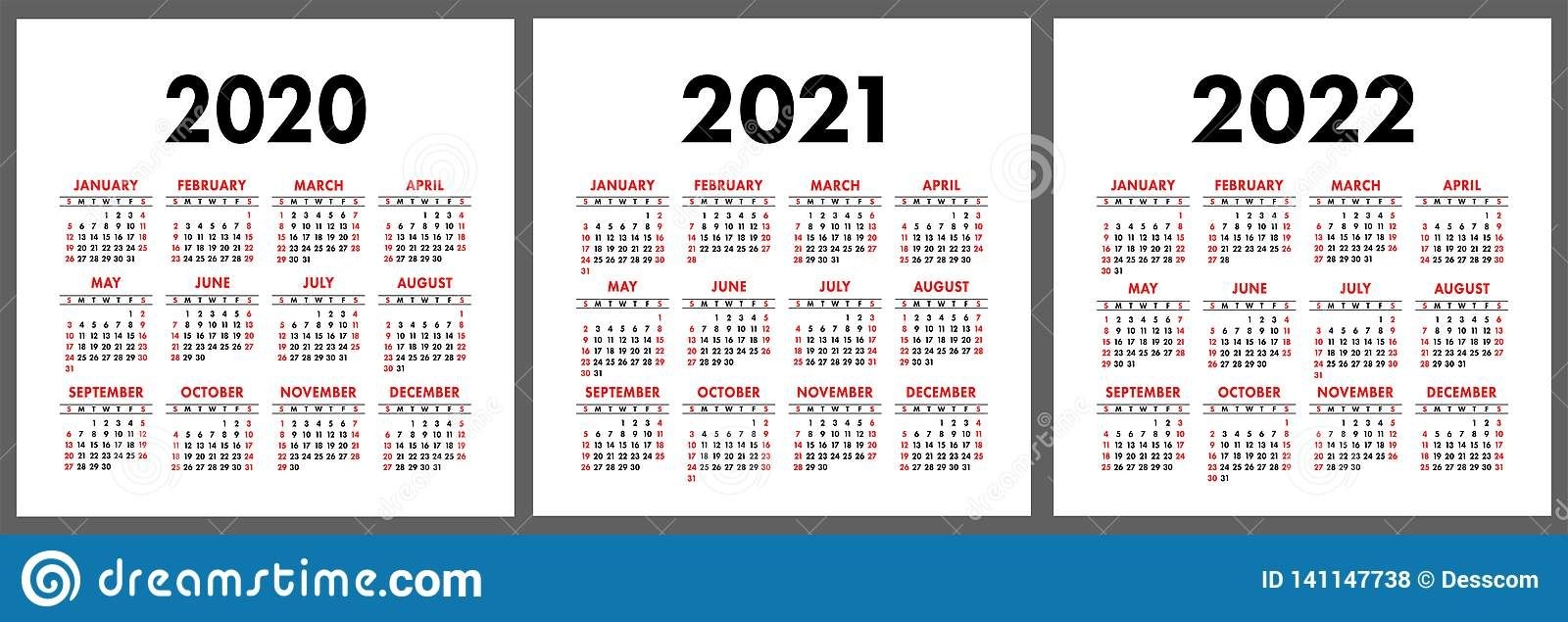 Calendar 2020, 2021, 2022 Years. Vertical Vector Calender