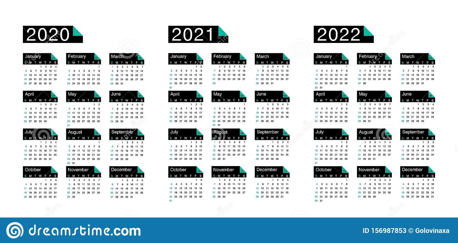 Calendar 2020, 2021 And 2022, Week Starts On Sunday, Basic