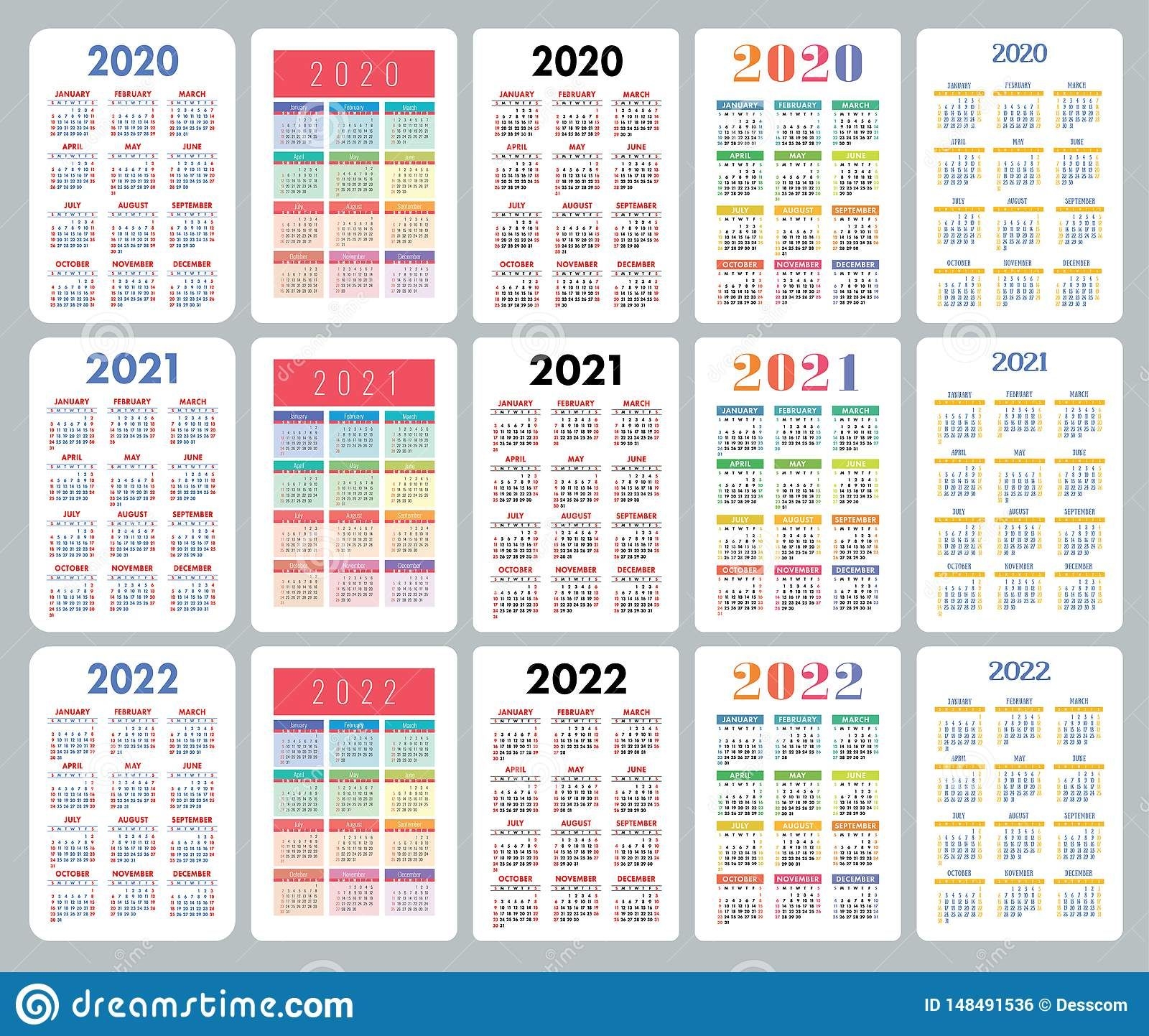 Calendar 2020, 2021 And 2022 Years. Vertical Calender