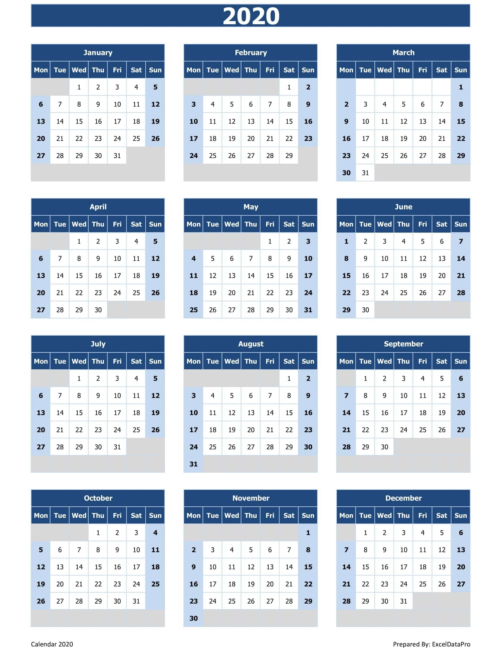 Calendar 2020 Excel Spreadsheet | Calendar Printables Free