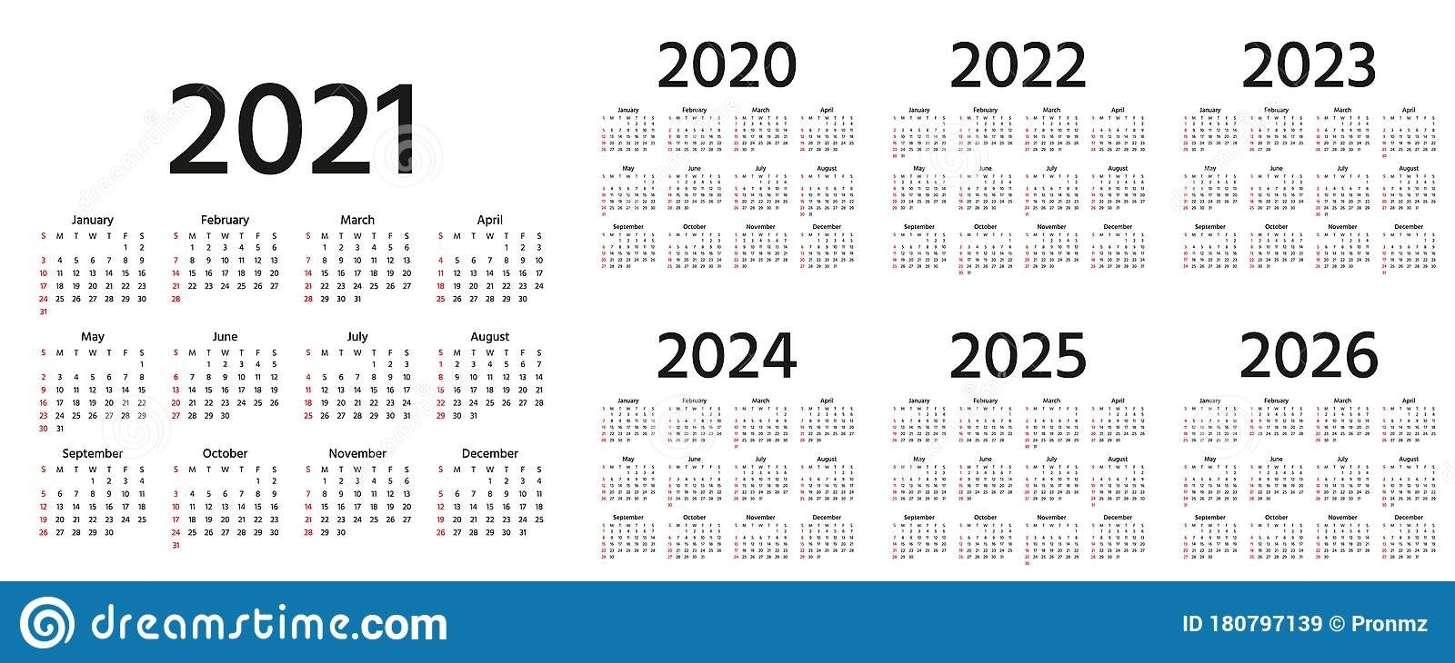 Calendar 2021 2022 2023 2024 2025 2026 2020 Years. Vector