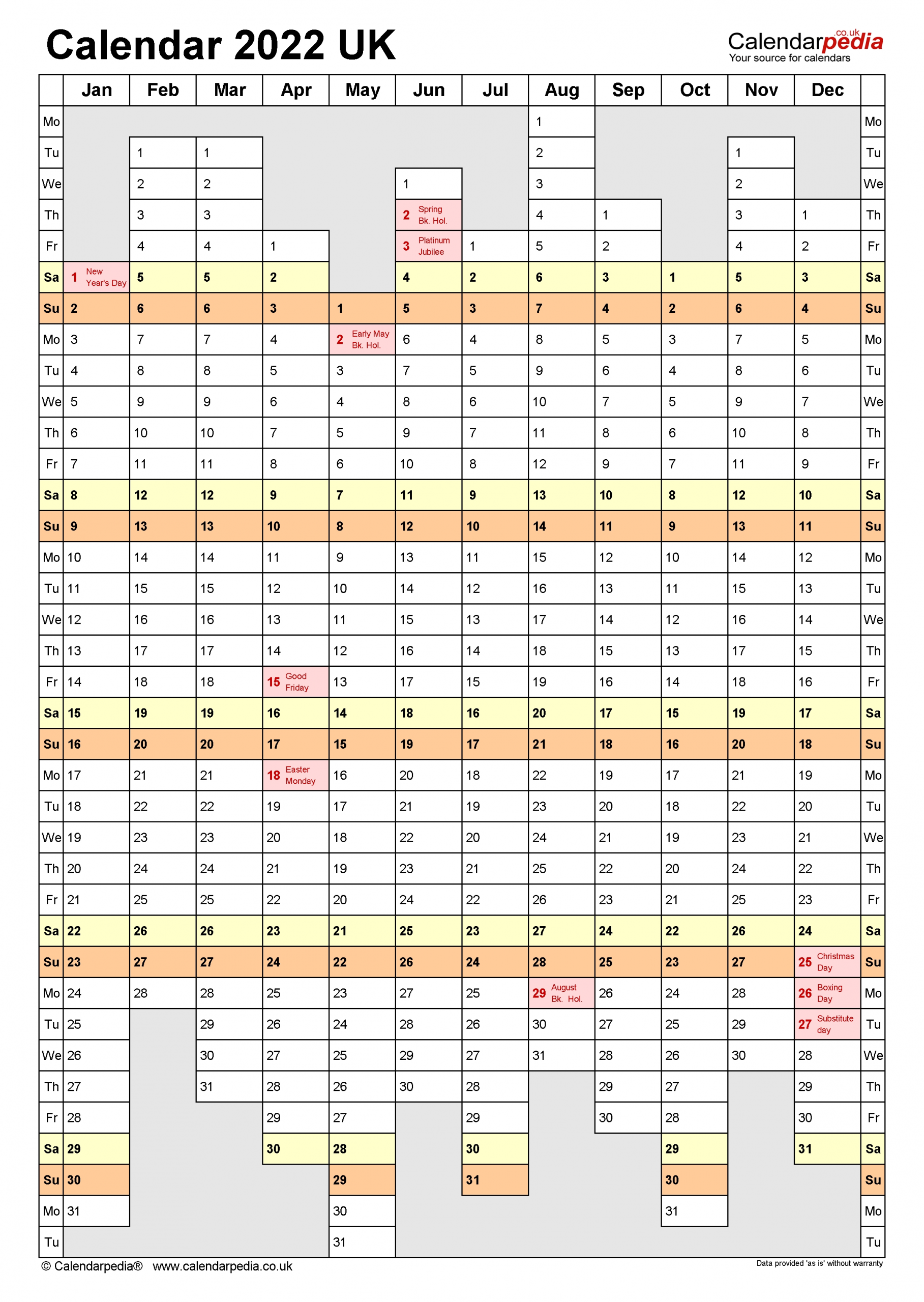 Calendar 2022 (Uk) - Free Printable Microsoft Excel Templates