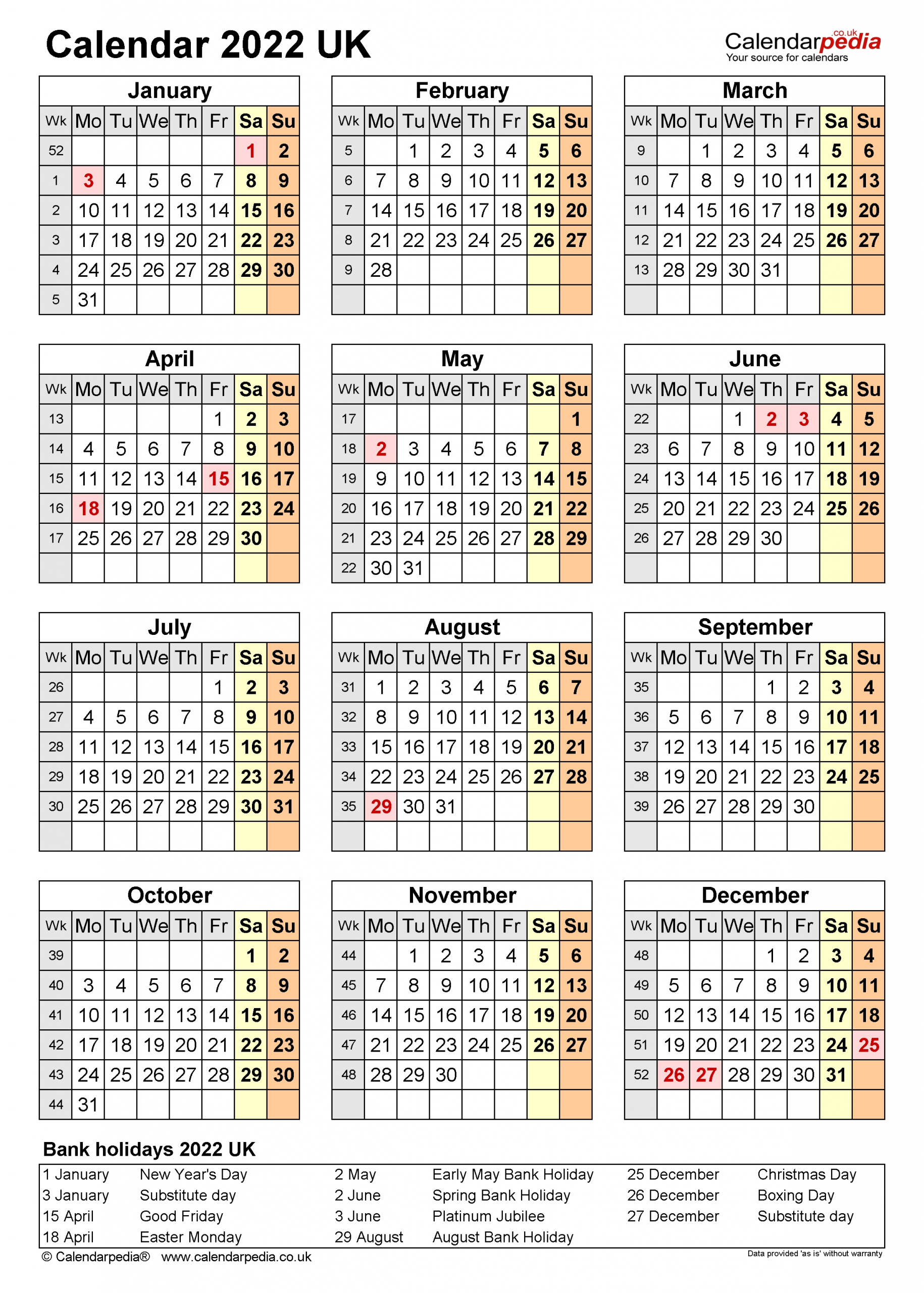 Calendar 2022 (Uk) - Free Printable Microsoft Excel Templates