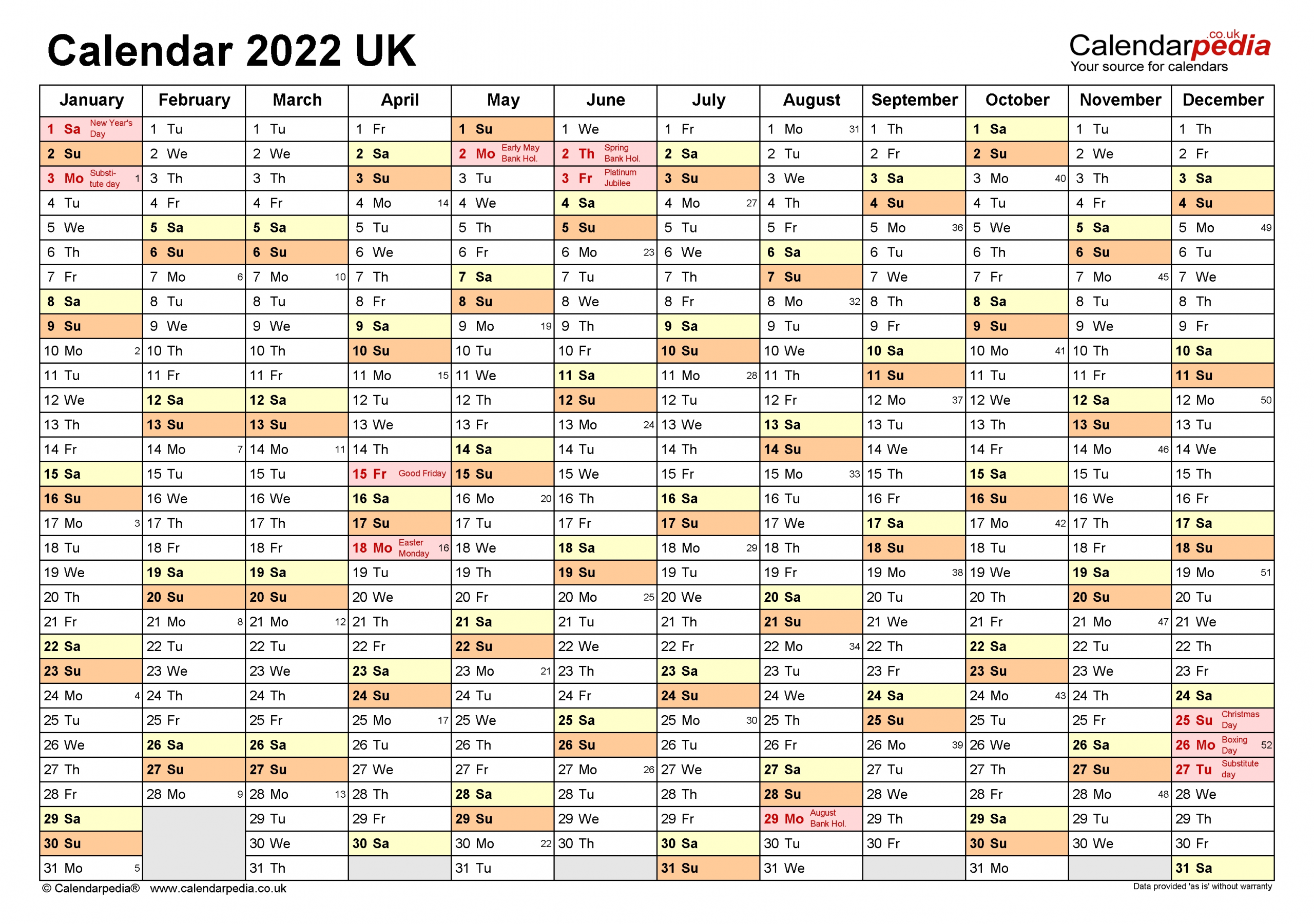 Calendar 2022 (Uk) - Free Printable Microsoft Excel Templates