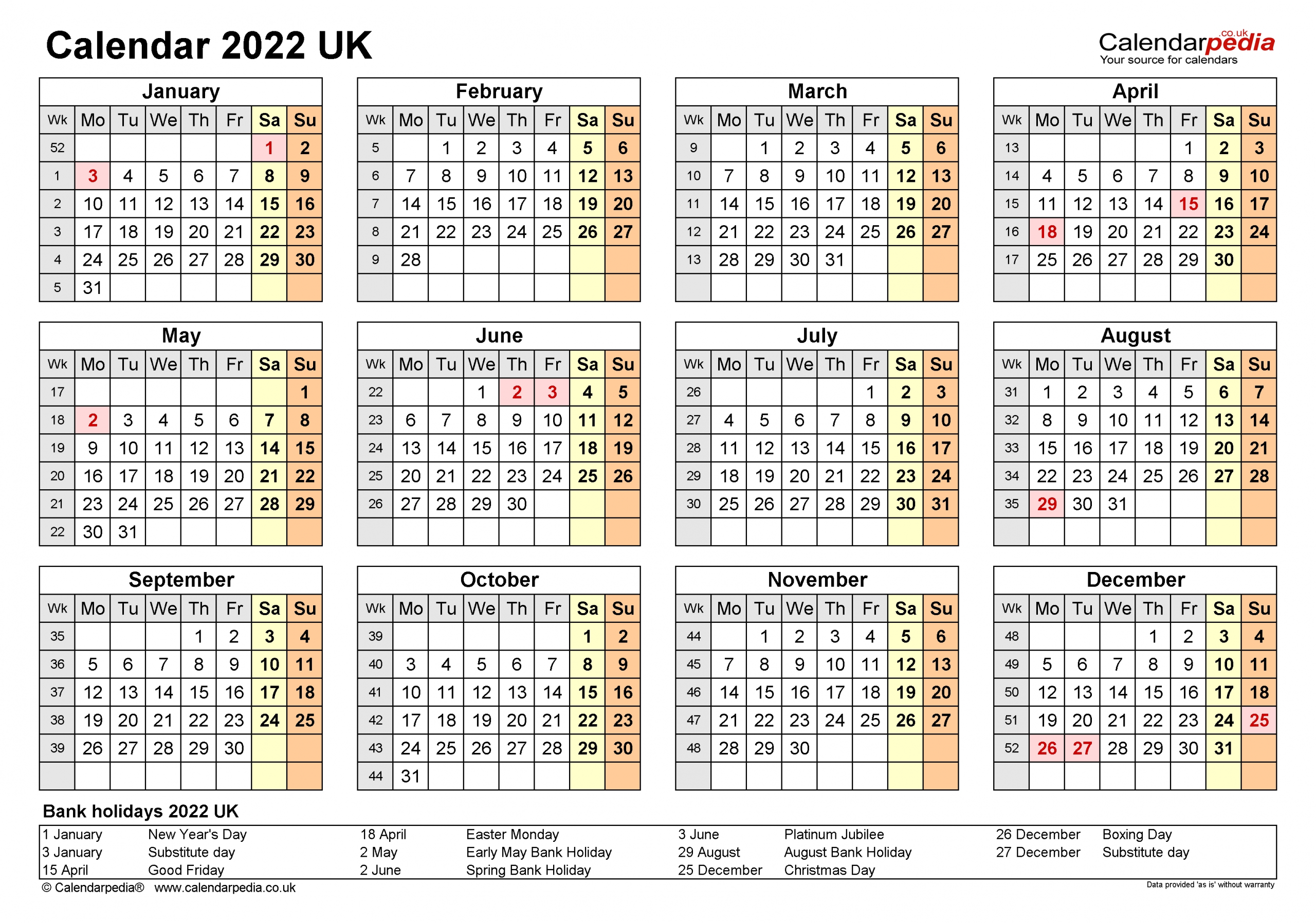 Calendar 2022 (Uk) - Free Printable Microsoft Word Templates