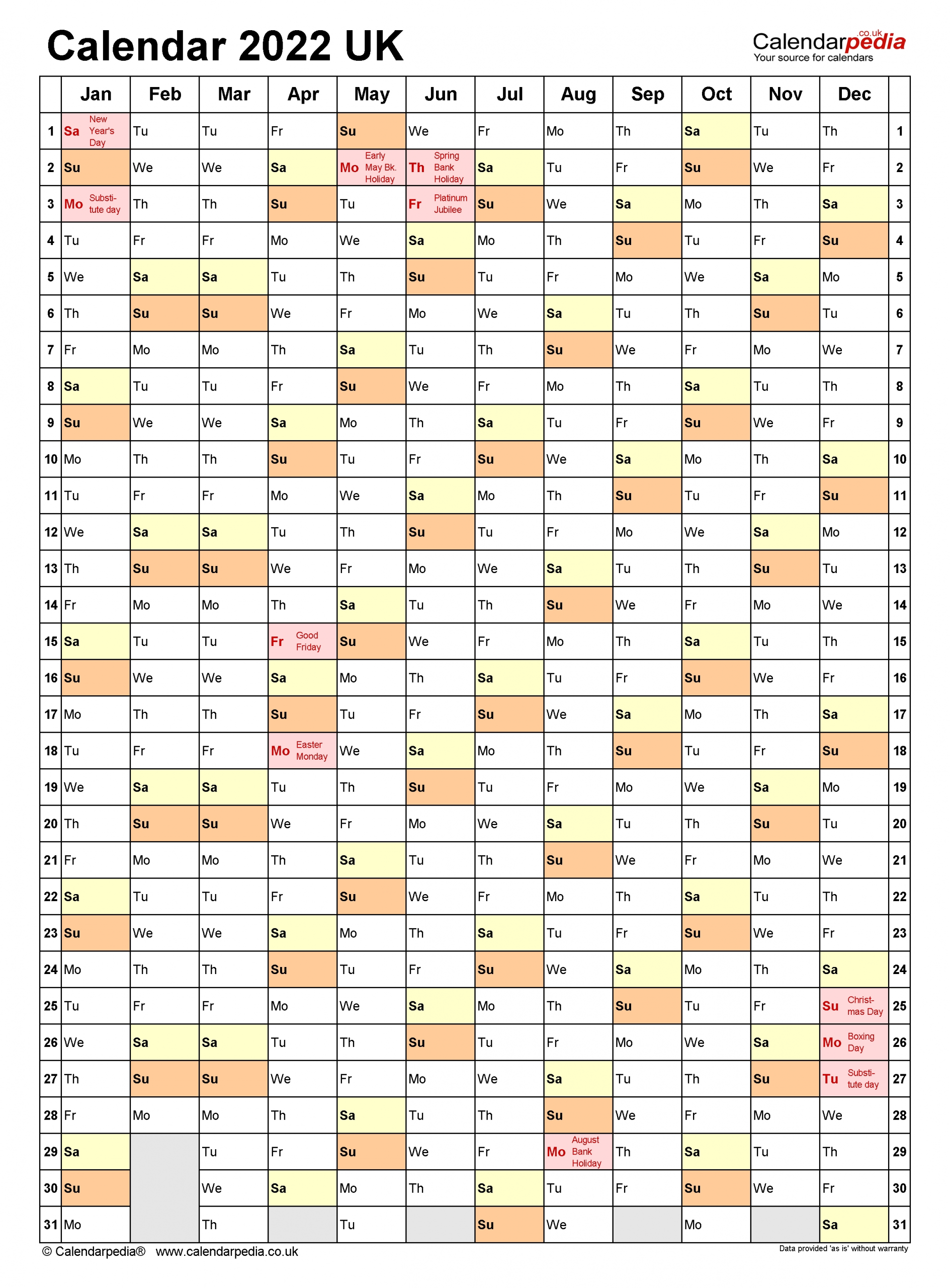 Calendar 2022 (Uk) - Free Printable Pdf Templates